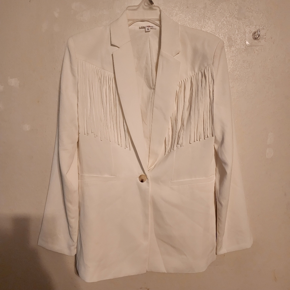 GeeGee White One Button Fringe Blazer Faux Pockets Size S NWOT